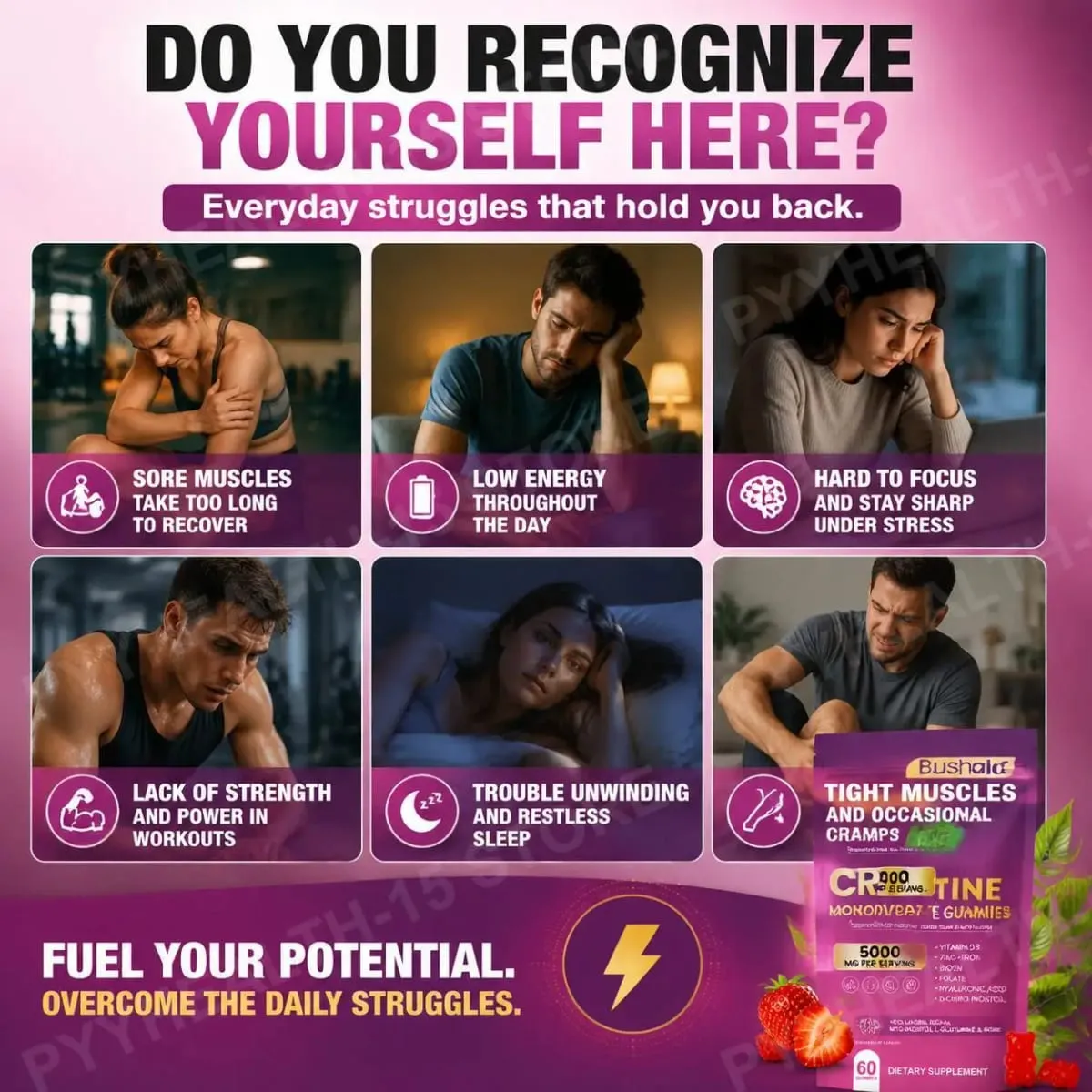 BushAid Creatine Monohydrate Gummies til post-workout muskelgendannelse med Multi-Collagen Blend BCAA og Zink 60 Gummies — image 4