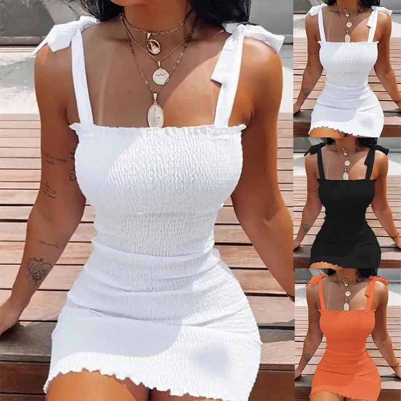 Trendy Krátké bílé šaty s pevným páskem Sexy sukně Pulovr Pochva Mini letní plážové dámské vestové šaty — image 4