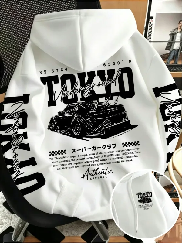 Sweat-shirt à capuche pour hommes, nouvelle collection automne hiver, course souterraine de Tokyo, dessin de ligne imprimé, haut tendance de rue japonaise