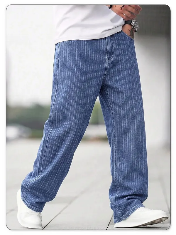 ผู้ชายแนวตั้งบางลาย Jacquard Baggy DENIM กางเกงคลาสสิกสีฟ้าหลวมขากว้างขาตรง VINTAGE ล้างกางเกงยีนส์
