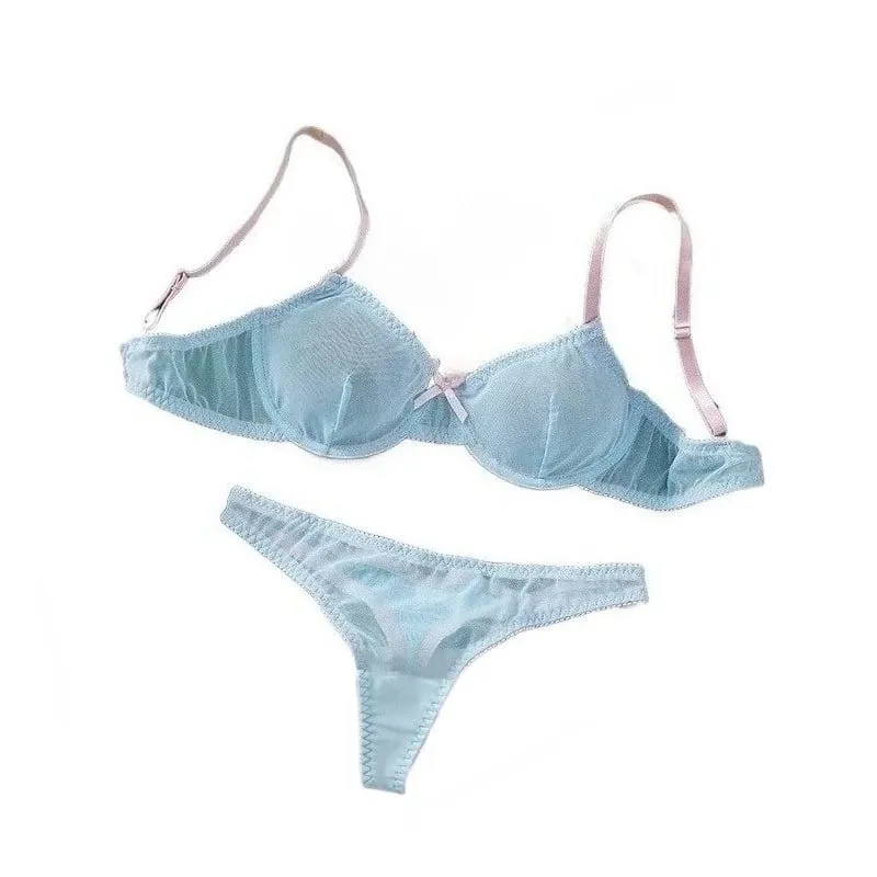 Conjunto de lencería Sexy de encaje ligero semitransparente con tiras finas y empalme de malla azul para mujer — image 1