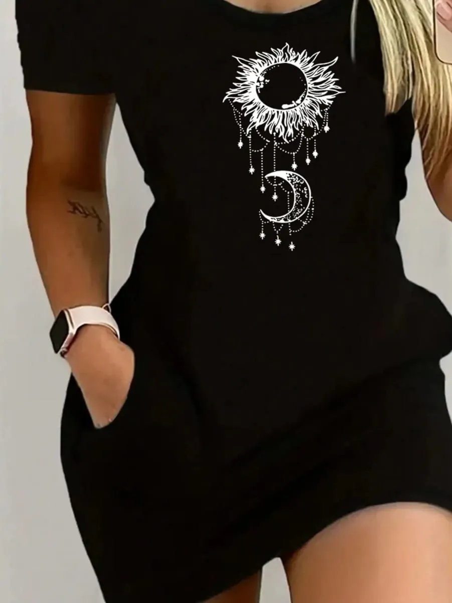 Robe décontractée et élégante pour femmes, motif soleil et lune, couleur unie, col rond, manches courtes, Sexy, jupe courte, 2026 — image 3