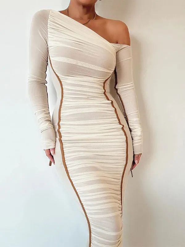 Gaun Maxi Bodycon Tembus Pandang Seksi Terbungkus Lengan Panjang Kerah Diagonal Solid Jaring Hugcitar Pakaian Fashion Musim Panas Klub Festival