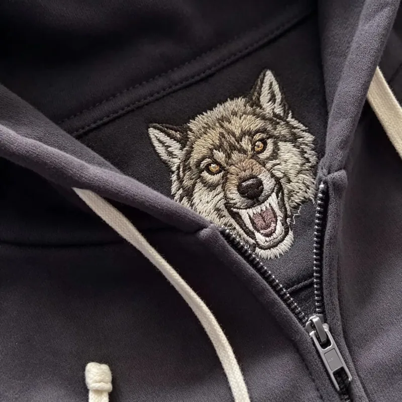 Dark Brown Full Zip Hoodie Double Men Wolf Embroidery Drawstring Pocket Oversized Y2K Grunge Vintage Street Zip Up Sweat Jackets — image 15