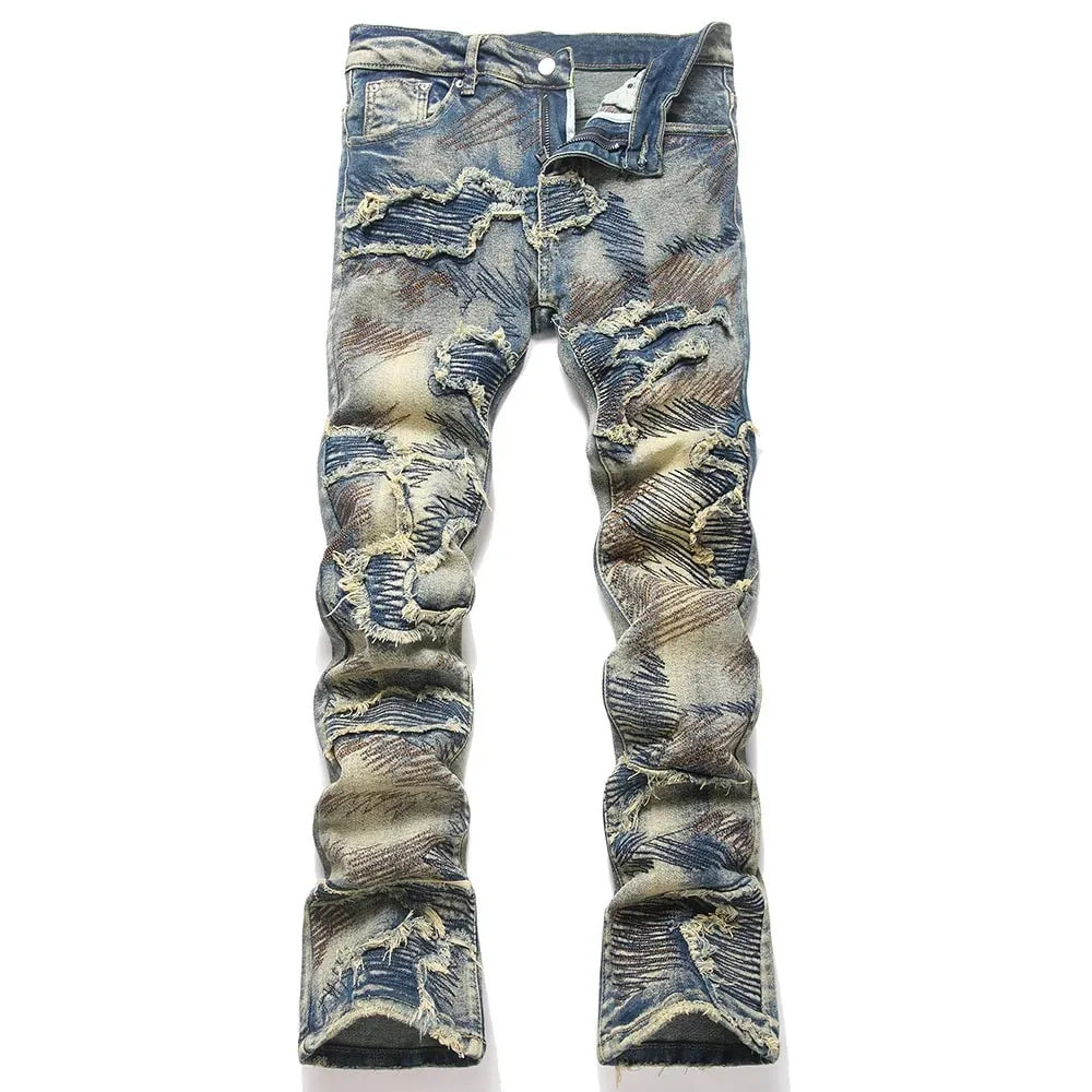 Män Broderi Patch Boot Cut Jeans Patchwork Stretch Denim Slimma utsvängda byxor Vintage blå Streetwear byxor
