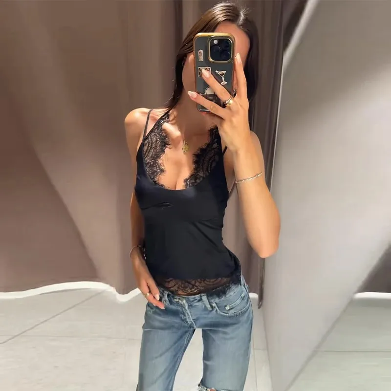 레이스 스플 라이스 쉬어 바디 슈트 V 넥 스파게티 스트랩 장착 2026 여름 여성 클럽 패션 복장 파티 트렌디 슬림 란제리 — image 12