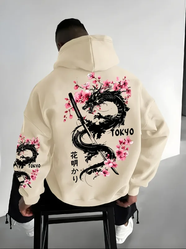 Herren-Kapuzenpullover im Anime-Stil mit Drachenmuster und Kirschblüten-Print für Winterwärme, lockeren und lässigen Stil — image 4