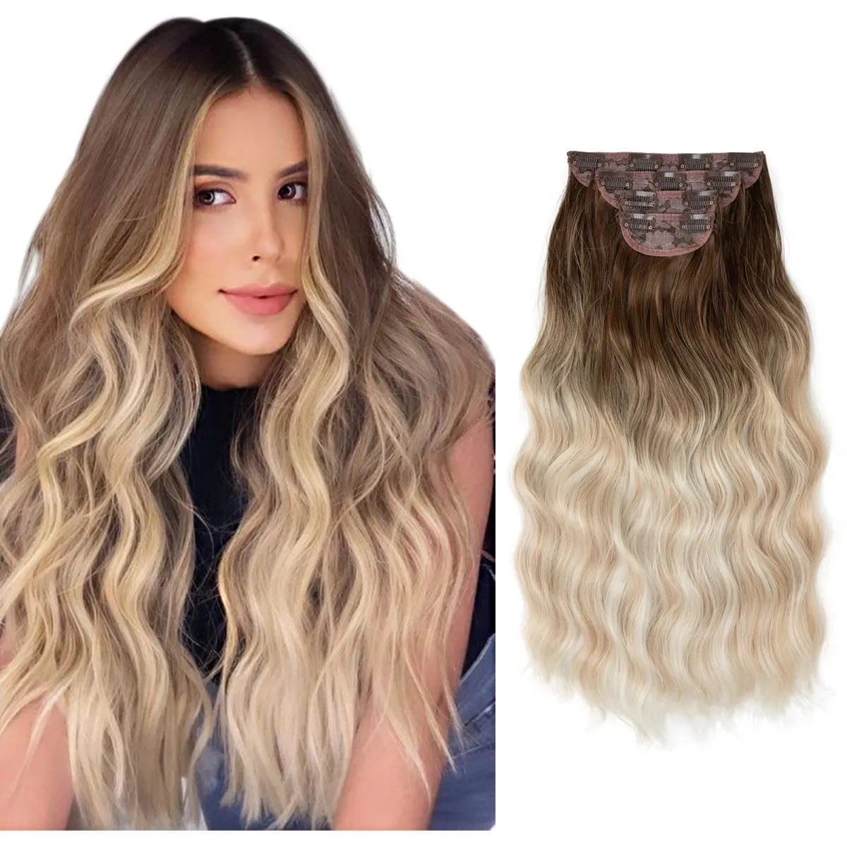 Synthetic 22" Long Wavy Clip In Hair Extensions 4Pcs/Set Thick Hairpiece For Women Brown Blonde Black Natural Fake Hair Pieces