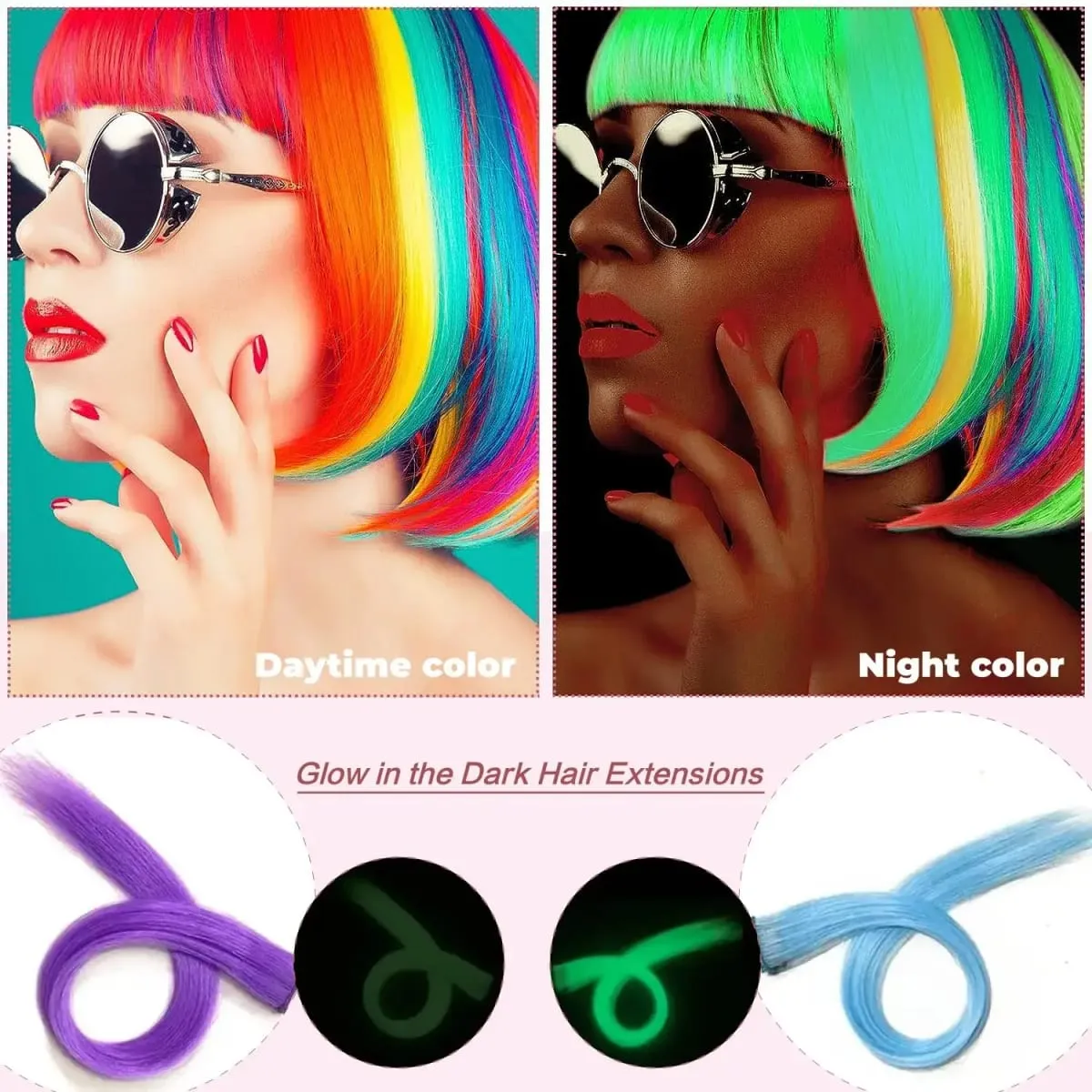 5pc 20 pollici Glow in The Dark estensioni dei capelli clip luminosi posticci colorati partito arcobaleno fermagli per capelli parrucca diritta sintetica — image 2