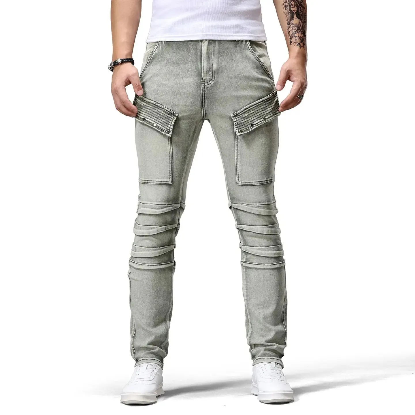 Jeans denim da moto retrò Patchwork di tendenza da uomo Pantaloni lunghi slim fit belli Pantaloni jeans a gamba dritta da bordo moda — image 11