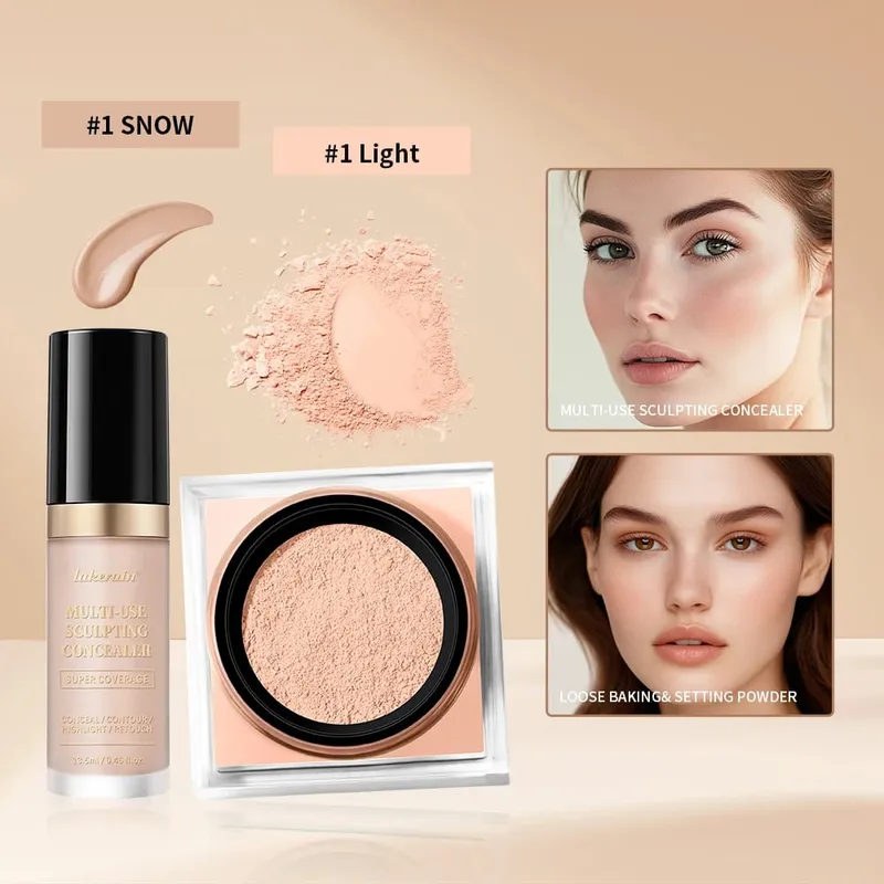 Set Solekan Wajah 2pcs Dengan Concealer dan Bedak Tetapan Longgar Wajah Asli Licin Matte Kemasan Kosmetik Wanita Makeup Korea