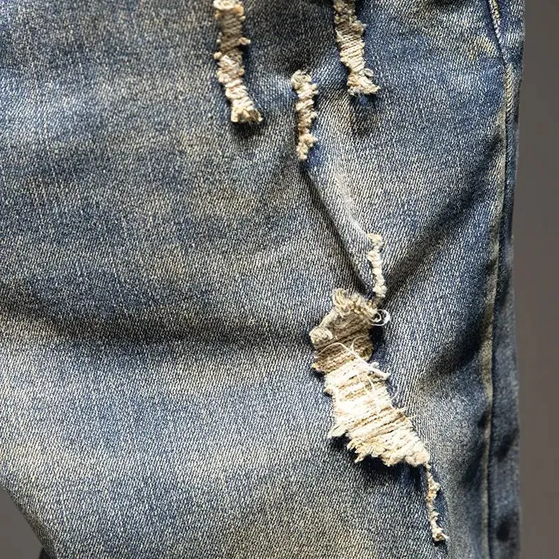 Forår og efterår Elastik Nostalgisk stor størrelse Rippede jeans Mænds løs fedt plus trendy mærke fede fyrebukser vaskede lange bukser — image 4