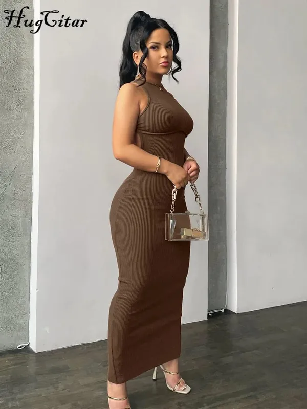 Hugcitar Ribbed Solid Hollow Out Tanpa Belakang Tanpa Lengan Seksi Celah Pakaian Mini Bodycon 2025 Musim Bunga Pakaian Wanita Pesta Elegan Y2K — image 2