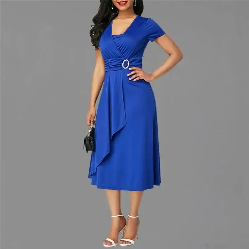 We.Fine Kleid Frauen Einfarbig Kurzarm V-ausschnitt Asymmetrischem Saum Taille Midi Party Kleid Elastische Weibliche Kleider Frau Vestidos