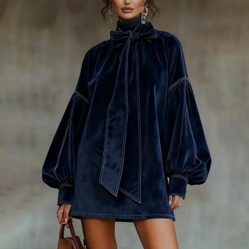Américain rétro col haut lanterne manches longues nœud papillon élégant velours femmes Mini robes décontracté automne haute robe de rue — image 1