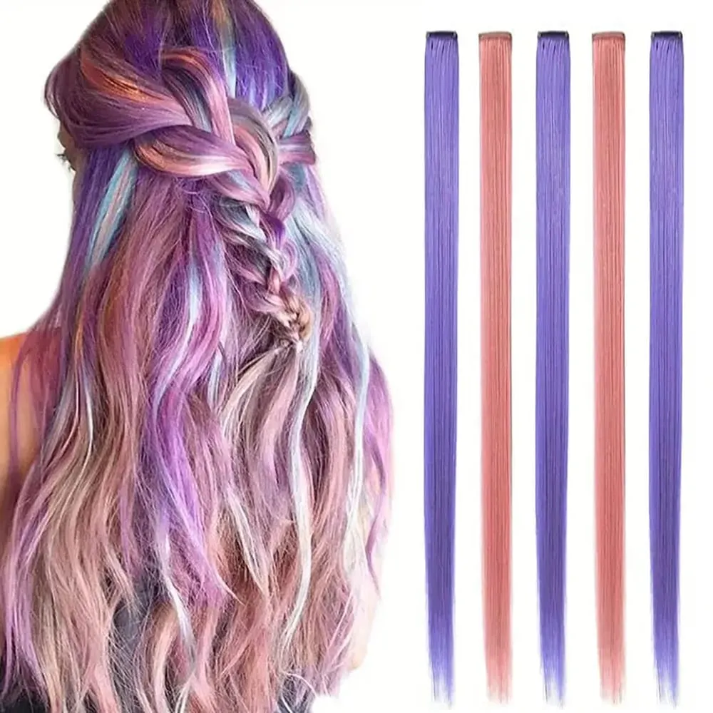 5Pcs Colored Synthetic Hair Extensions Rainbow Party Highlights Clip in Hair Extension for Christmas Girl Women Gift — image 11