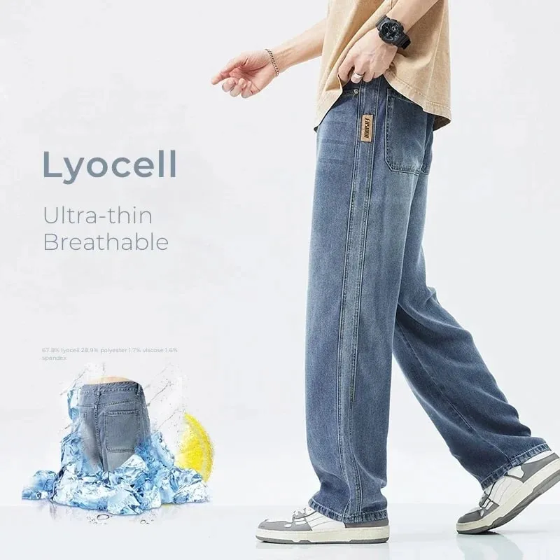 Stretch Jeans Männer 2024 Neue Lyocell Stoff Hohe Qualität Weiche Lose Breite Hosen Elastische Taille Casual Denim Hosen Streetwear — image 2