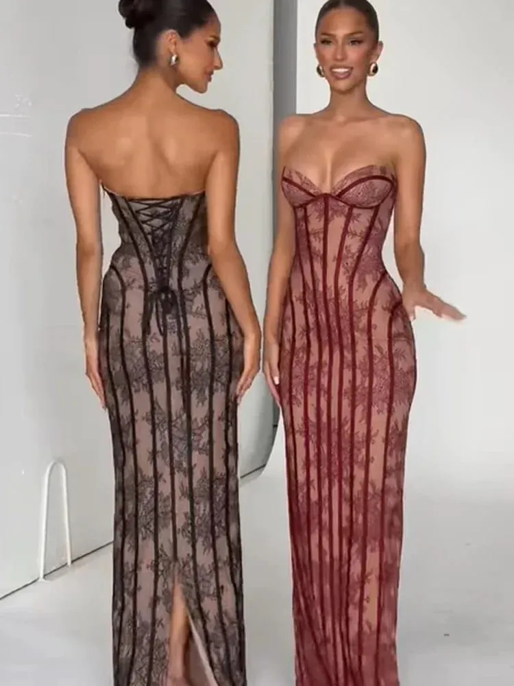 Gaun Tulle Fishbone Wanita Tanpa Tali Belakang Tanpa Bahu Bercetak Patchwork Gaun Maxi Slim 2026 Gaun Malam Pesta Wanita yang Chic — image 5