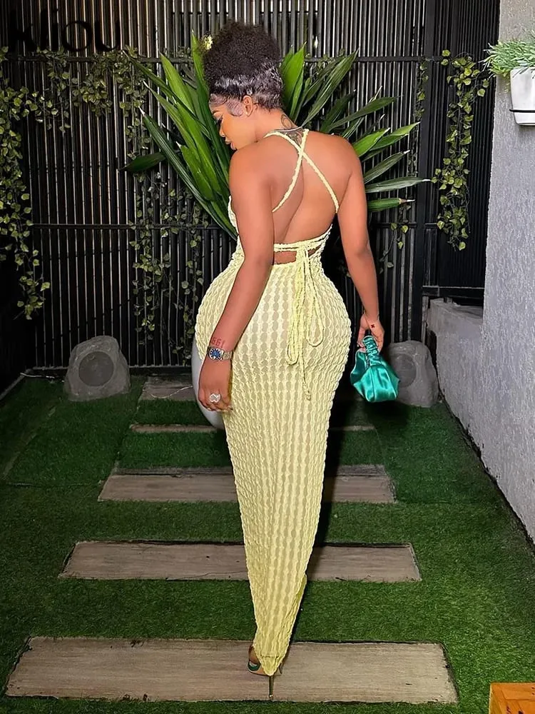 Kliou Solid Ruchedสปาเก็ตตี้สายคล้องคอMaxiชุดผู้หญิงสบายๆBackless BodyconสุภาพสตรีStreetwearชุด — image 2