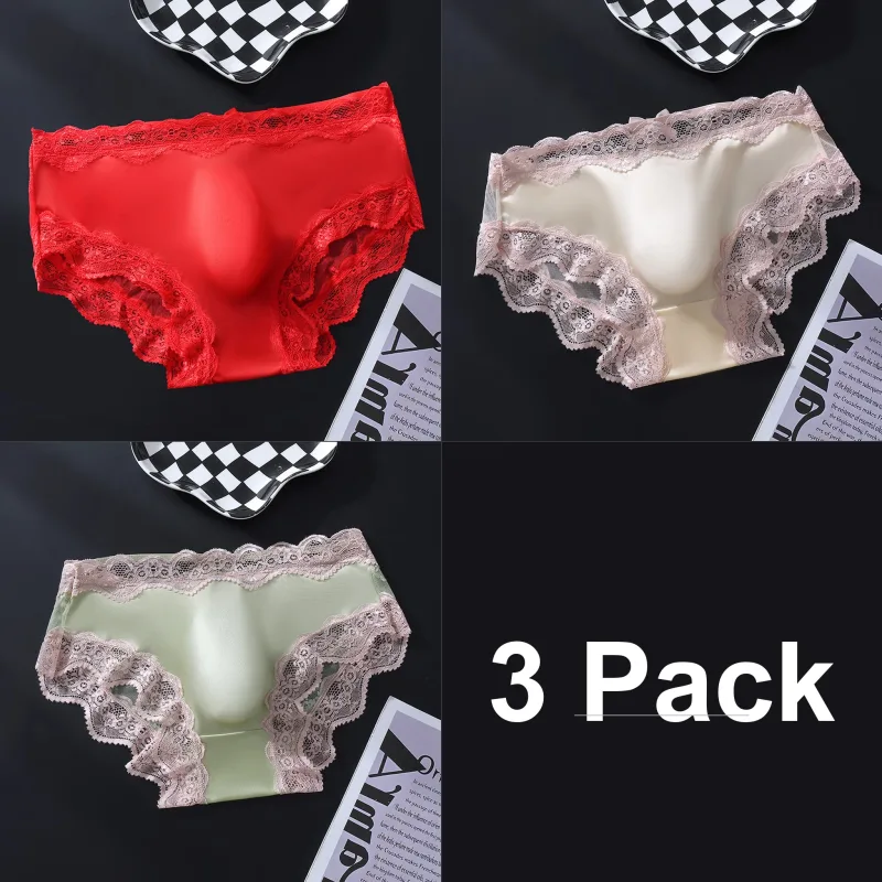 3 Pack Male Full Lace Side Briefs Ice Silk Satin 3D Molded Pouch Mid Rise Soft Smooth Men Underpants — image 17