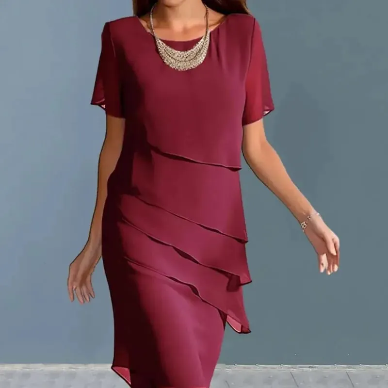ใหม่ชุดสตรี O-คอแขนสั้น Ruffle Elegant สีทึบ Fashiona Midi กระโปรง — image 4