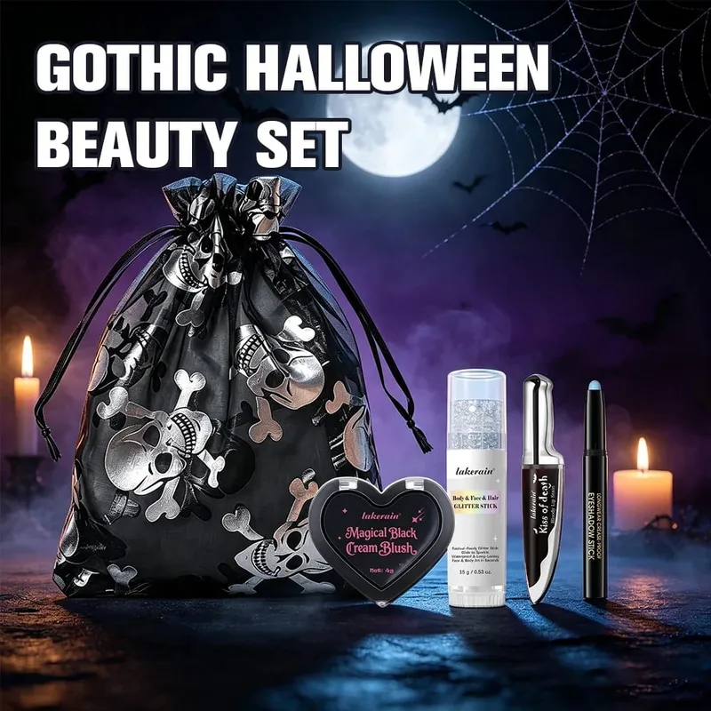 Halloween gotycki zestaw do makijażu 5 szt. Plama do ust ciemny krem róż do policzków cień do powiek w sztyfcie brokatowy eyeliner z torbą na imprezę Cosplay twarz ciało — image 3