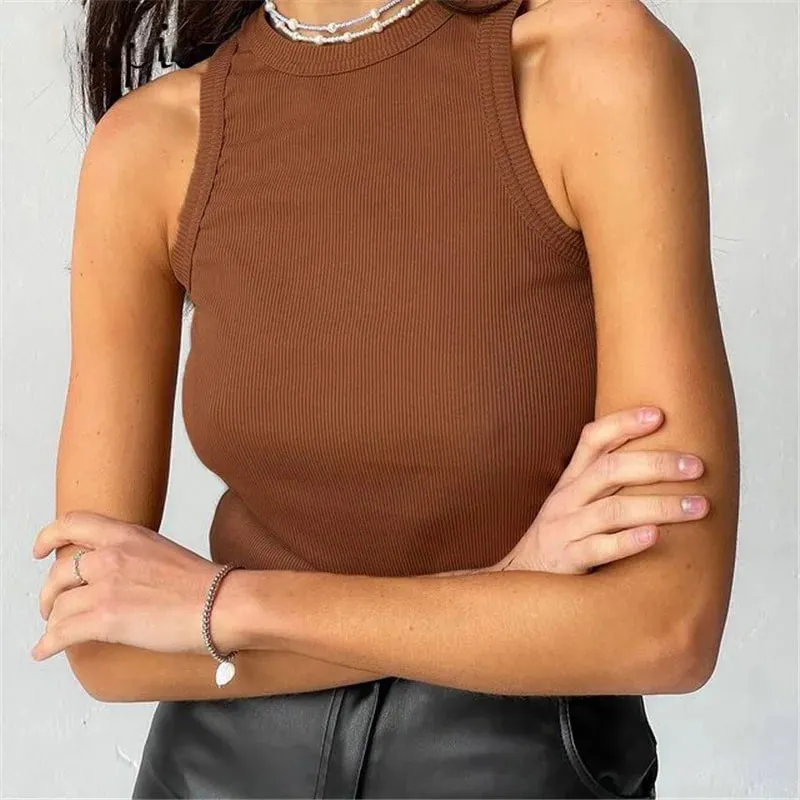 Top in maglia a costine Collo Camicie basic estive Bianco Nero Gilet sportivo casual con spalle scoperte Canotta da donna verde — image 2