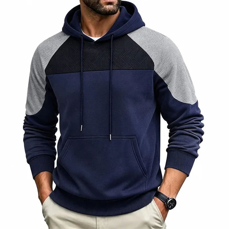 Men Patchwork Color Block Pullover Hoodie Drawstring Kangaroo Pocket Long Sleeve Loose Sweatshirt Autumn Winter Streetwear Tops — image 20