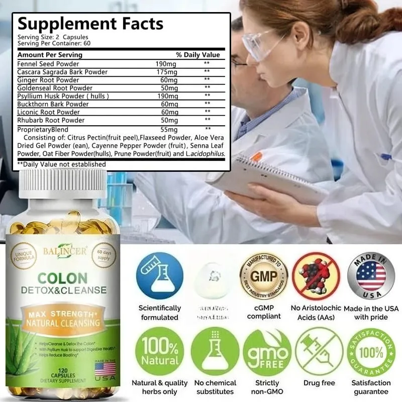 Balincer Colon Cleansing Supplement - Full Body Colon Digestive Regulation and Gut Health for Men and Women 120 Capsules