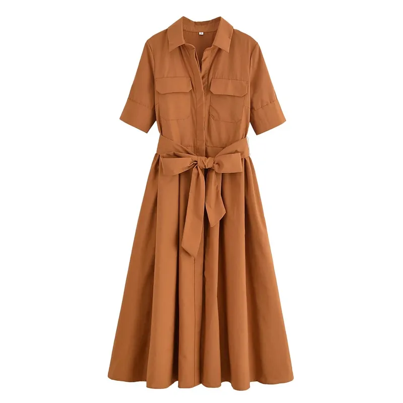 HH femmes été revers manches courtes poche simple boutonnage ceinture décorer robe Midi femme mode chemise Style robe plissée — image 14