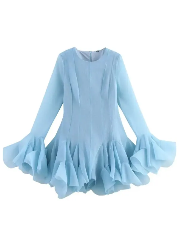 2026 Sommer Kvinders Elegante Flerlags Flæsede Kant-Minikjoler Dame Sød Fransk Stil Lange Flare-ærmer Slim Fit Puffy Robe