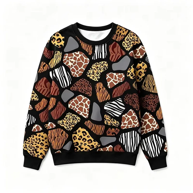 Zwierzęcy wzór patchworkowy bluza lampart Zebra żyrafa odzież uliczna z pełnym nadrukiem Vintage Casual sweter z wycięciem pod szyją modne topy — image 3
