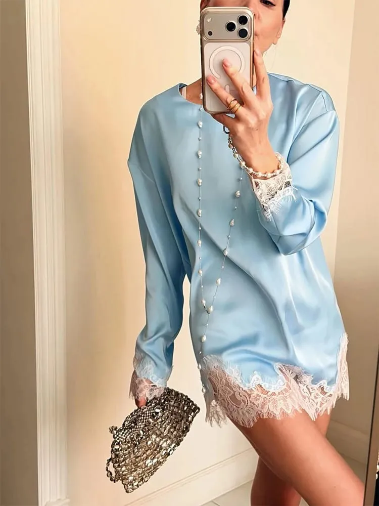 Frauen Elegante Spitze Patchwork Lace-up Kleid Solide Rundhals Volle Hülse Satin Lose Mini Kleider 2026 Frühling Party club Vestido — image 3