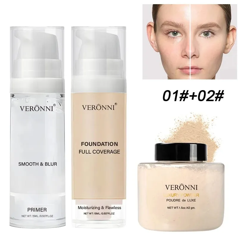 Kit de Maquillaje facial para principiantes de 3 piezas, base mate resistente al agua, base hidratante, Control de aceite, polvo suelto, corrector de cobertura completa — image 2