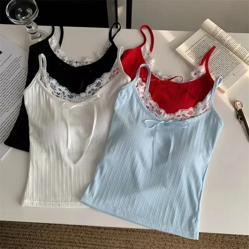 Hiasan Renda Patchwork Seksi Baju Atasan Camis Kasual Manis Ramping Pejal Leher V Tanpa Lengan Baju Kebal Comel Wanita 2025 Musim Panas Streetwear Wanita — image 5
