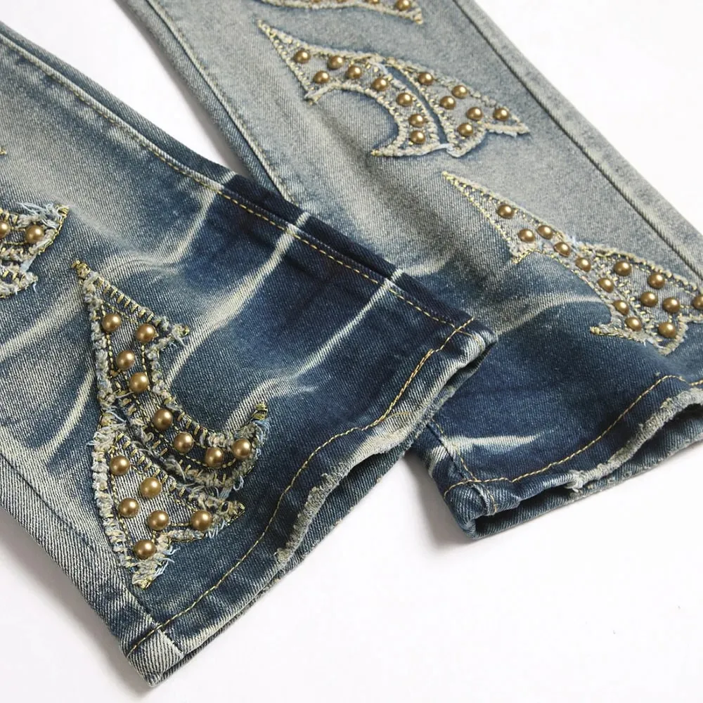 Män Slim Boot Cut Denim Jeans Punk Nit Patch Stretch Byxor Streetwear Blå utsvängda byxor — image 5