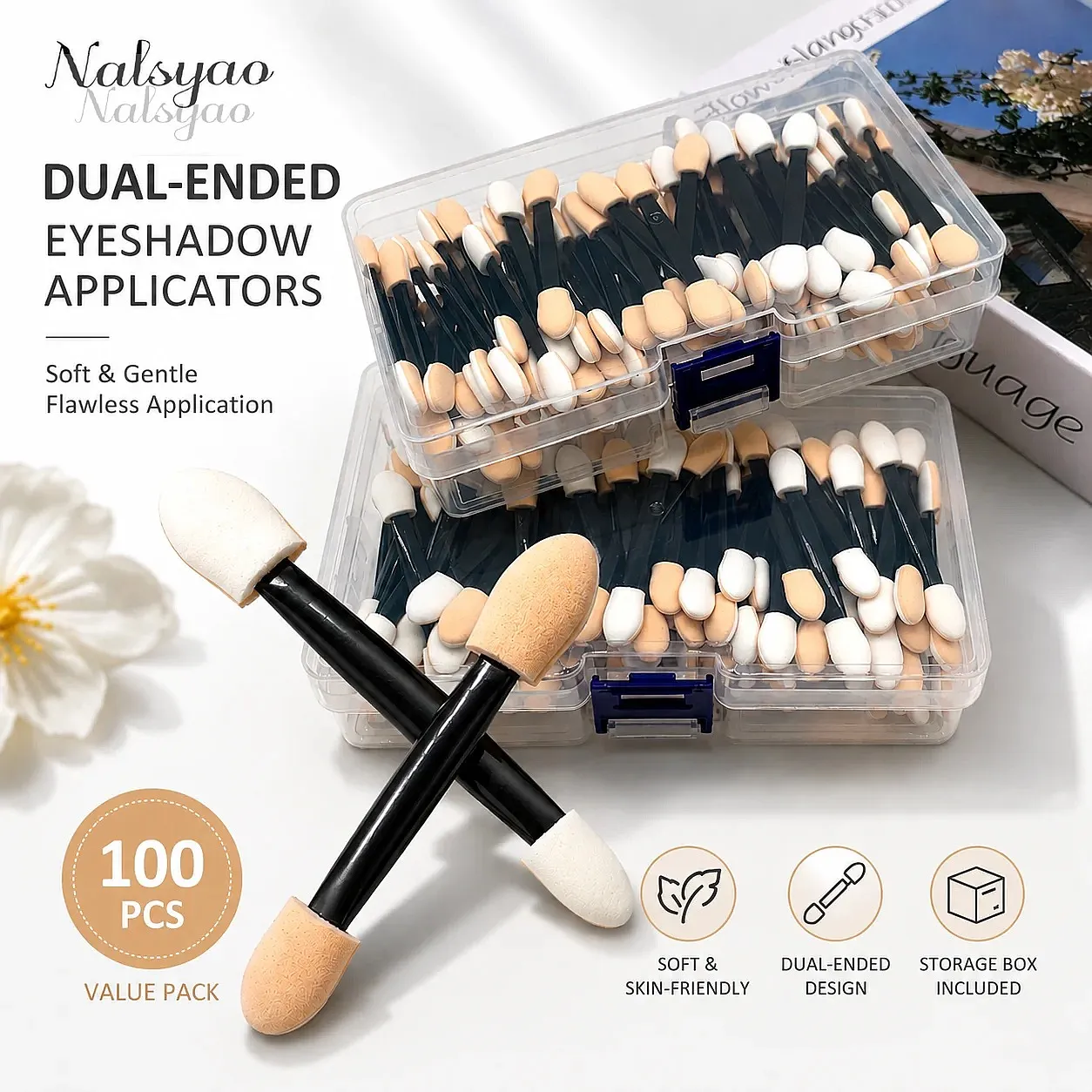 50/100/200PCS oboustranné houbové aplikátory na oční stíny s nádobou – jednorázové štětce na make-up s dlouhou rukojetí