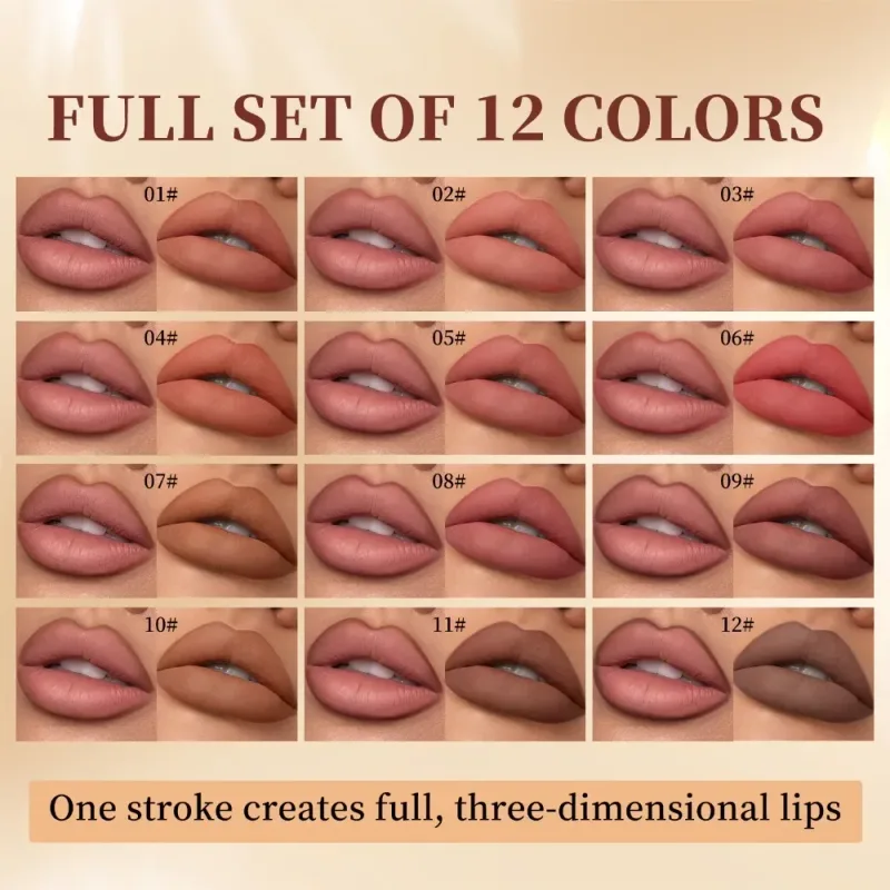 Set Pelapik Bibir Matte 12 Keping Licin dan Mudah Dipakai Pelapis Bibir Kesan Solekan Semulajadi Tidak Luntur dan Tidak Luntur
