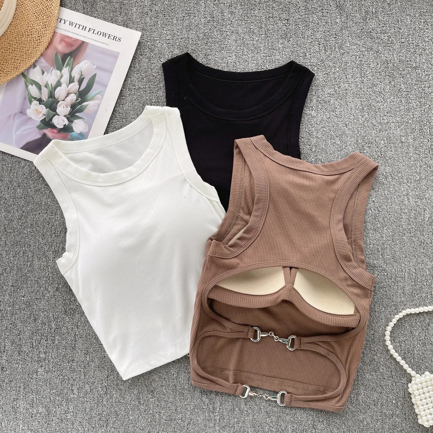 Ærmeløs striktop Dame Rygløs koreansk BH O-hals Solid elastisk talje Dame Elegant Mode Casual Crop Top — image 7