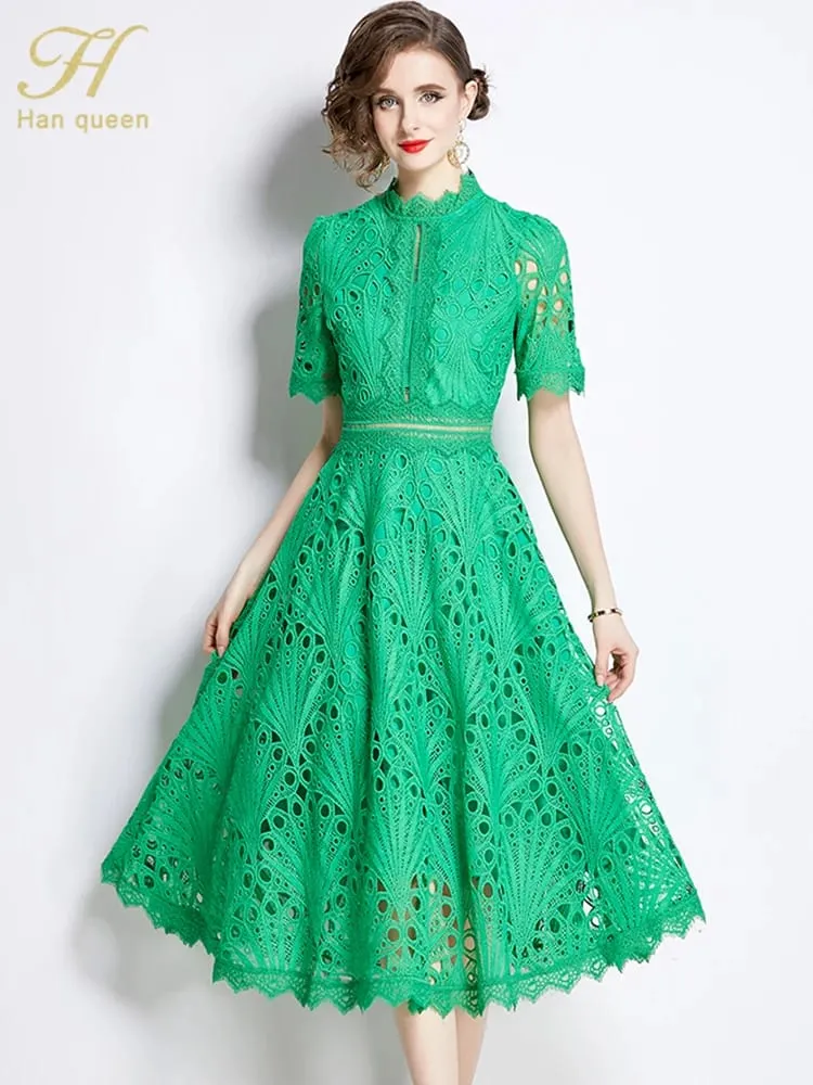 H Han Queen printemps nouveau élégant décontracté travail robes de soirée Floral Crochet évider dentelle Patchwork décontracté bureau robe mi-longue — image 1