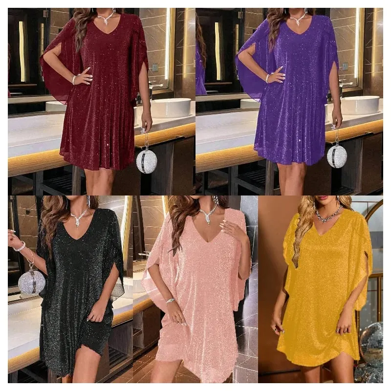 Heldere Sequin Jurken Vrouwen V-hals See Through Chiffon Patchwork Onregelmatige Halve Mouwen Losse Mini Jurk Vrouwelijke Vestidos 2024 — image 7