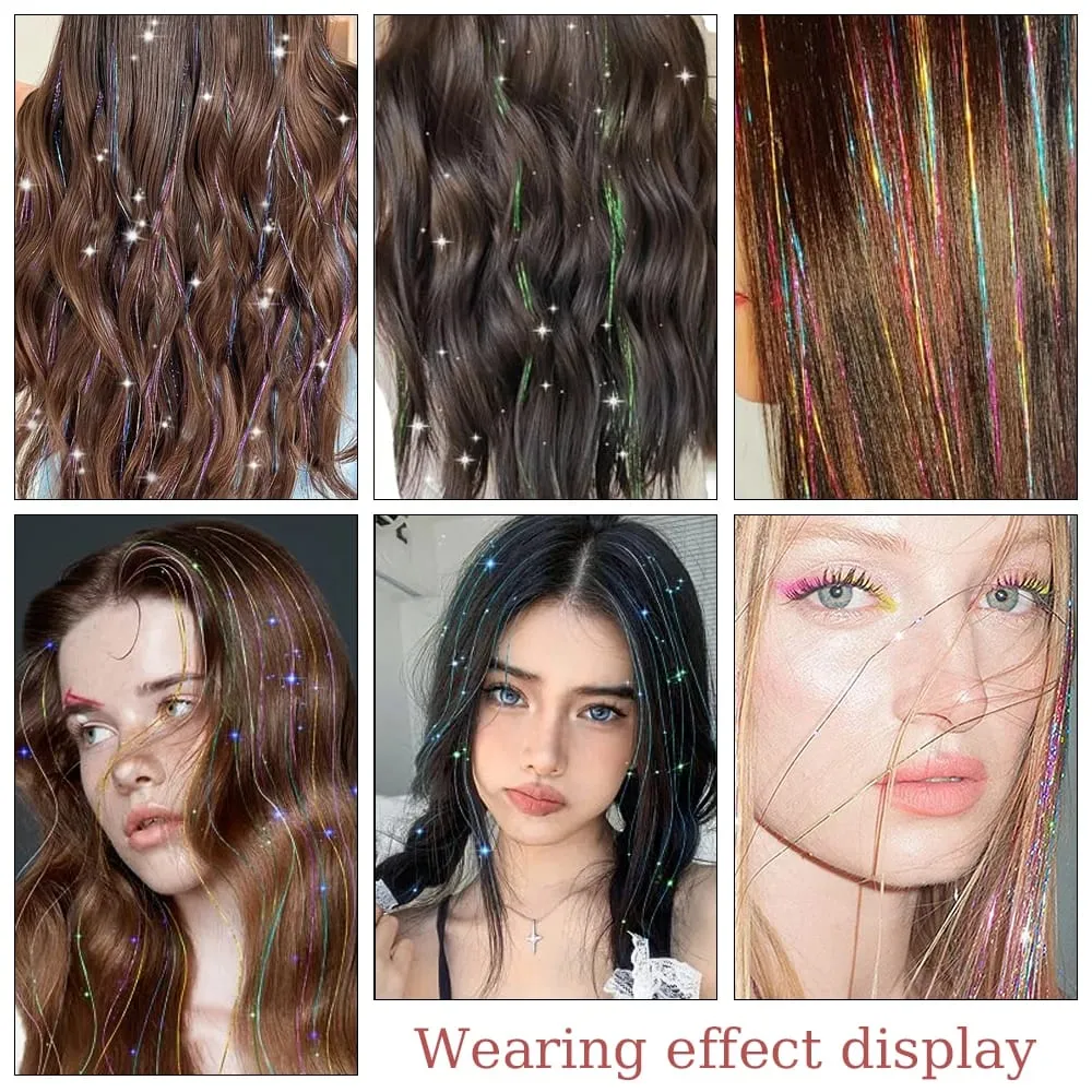 Hair Tinsel Pack Of 6Pcs Clip In Hair Tinsel 20Inch Colorful Glitter Tinsel Hair Extensions Festival Gift Tinsel Fairy Hairpiece — image 7