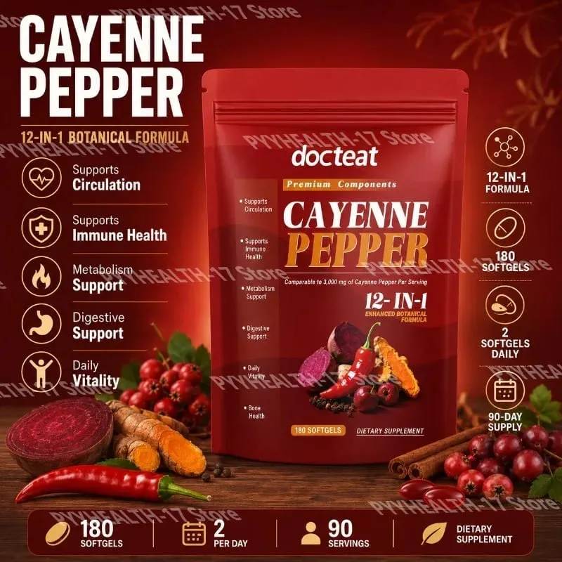 Kapsułki pieprzu cayenne z ulepszoną formułą botaniczną 12 w 1 o działaniu przeciwutleniającym i wspierającym zdrowie naczyń 180 kapsułek żelowych — image 1