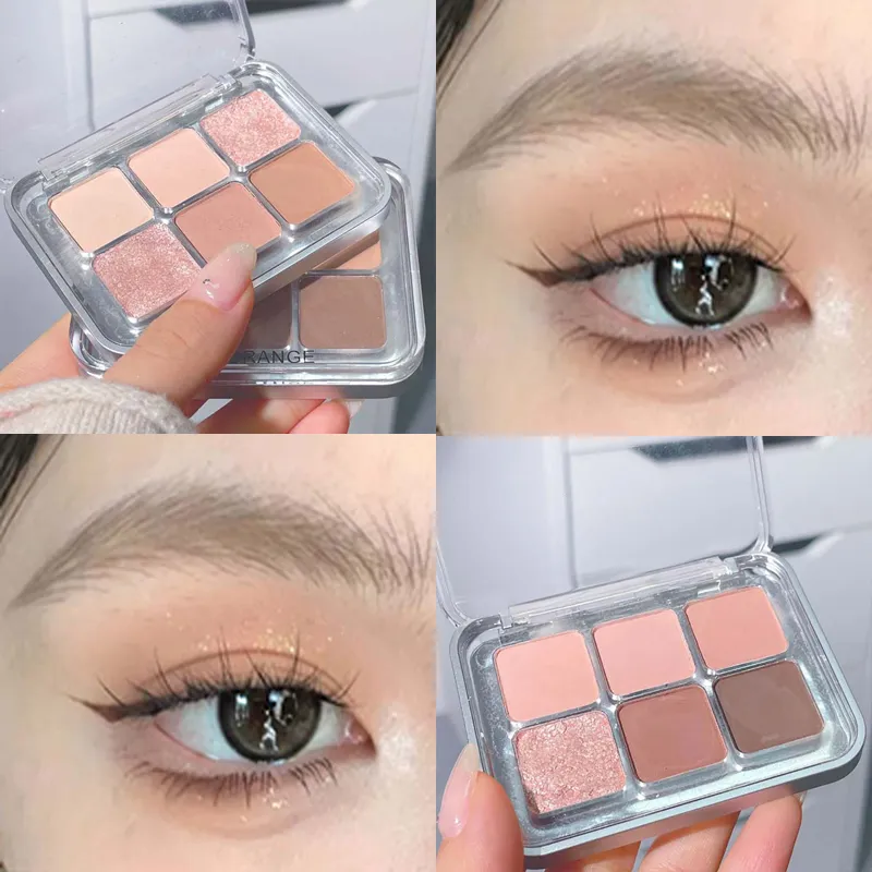 Palette di ombretti opachi luccicanti di rosa grigia 6 colori Glitter color terra Ombretto a bassa saturazione Pigmento Cosmetici a lunga durata — image 5