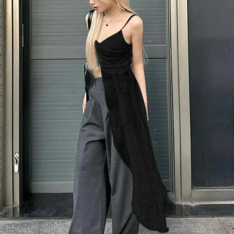 Xingqing y2k Camisole TOP เสื้อผ้าผู้หญิงสีทึบ V คอสปาเก็ตตี้สายคล้องคอ Slit ด้านหน้า T เสื้อถัง 2000s streetwear — image 2