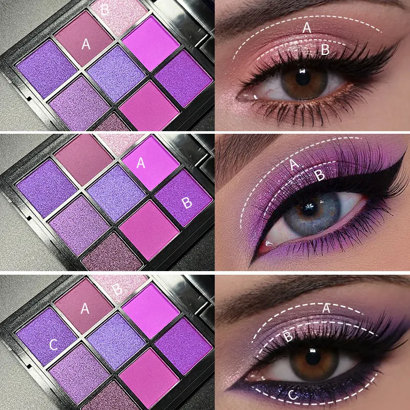 Palet Pembayang Mata 9 Warna Ungu Matte Pembayang Mata Mutiara Mekap untuk Wanita Kosmetik Korea Berkilauan Berkilauan — image 6