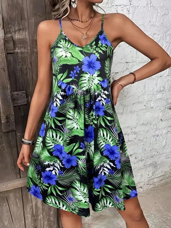 Abito a canotta con stampa stile vacanza estiva con scollo a V e cinturino per spaghetti per abiti da vacanza Abiti bohémien per donna estivi — image 8