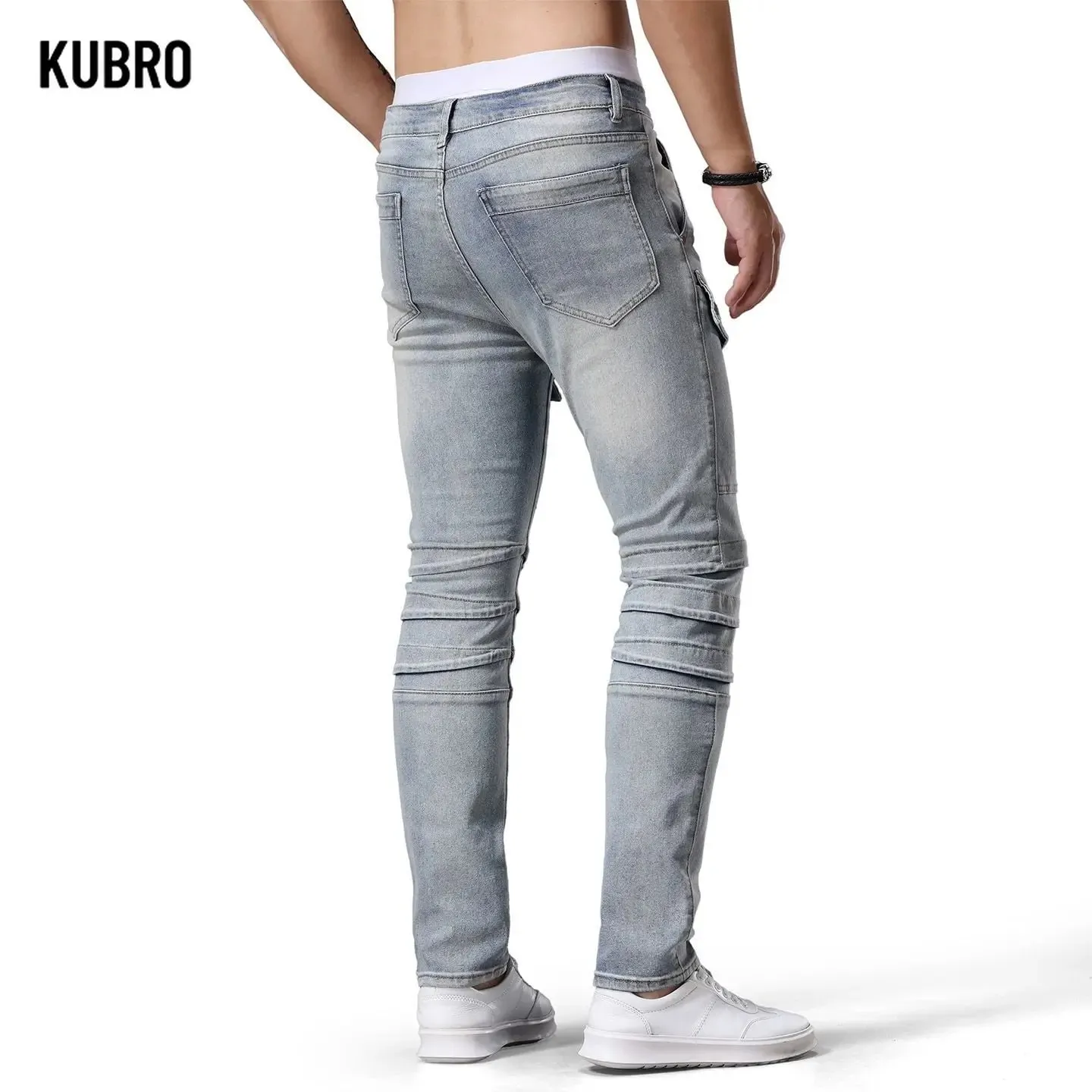 Jeans denim da moto retrò Patchwork di tendenza da uomo Pantaloni lunghi slim fit belli Pantaloni jeans a gamba dritta da bordo moda — image 6