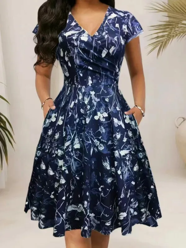 Elegantes, mit Blumenmuster bedrucktes, mittellanges Taschenkleid mit V-Ausschnitt und Polyestermischungen für den Frühling, Sommer und Herbst. Drei-Jahreszeiten-Damenkleid — image 7