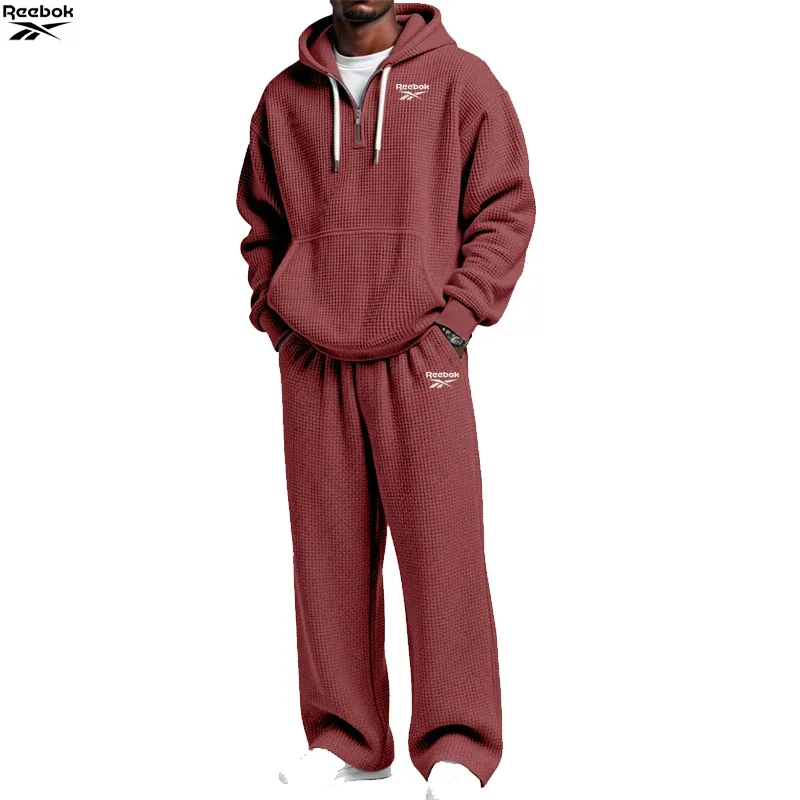 2026 Reebok Brand Spring-Autumn Men's Hooded Sweatshirt Set - Retro Solid Color Loose Fit Street Style Half-Zip Hooded Shirt - C — image 2